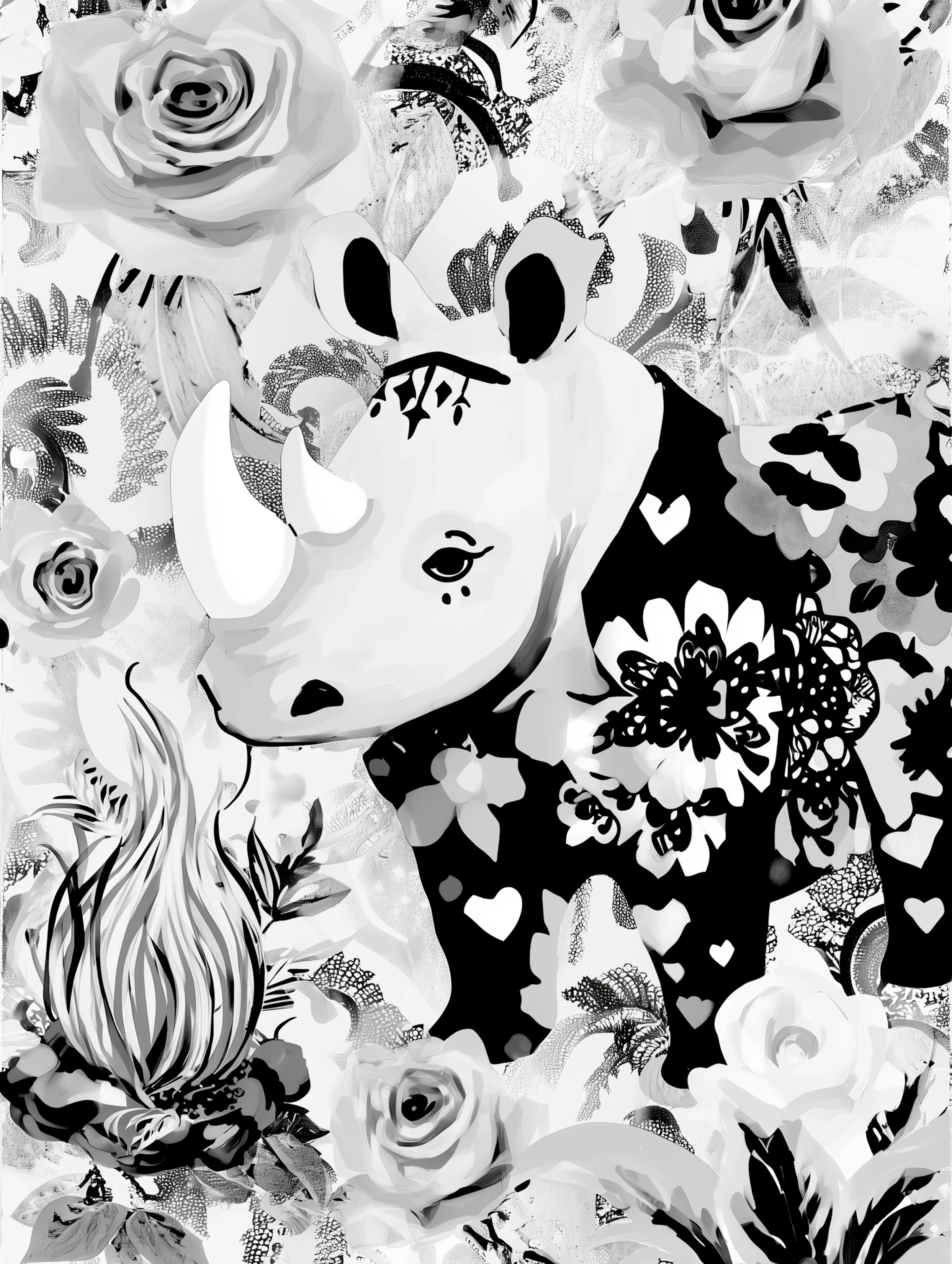 Free printable rhino coloring pages for adults featuring floral side rhino